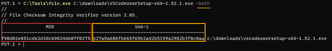 Computing both MD5 and SHA-1 checksum using fciv.exe.