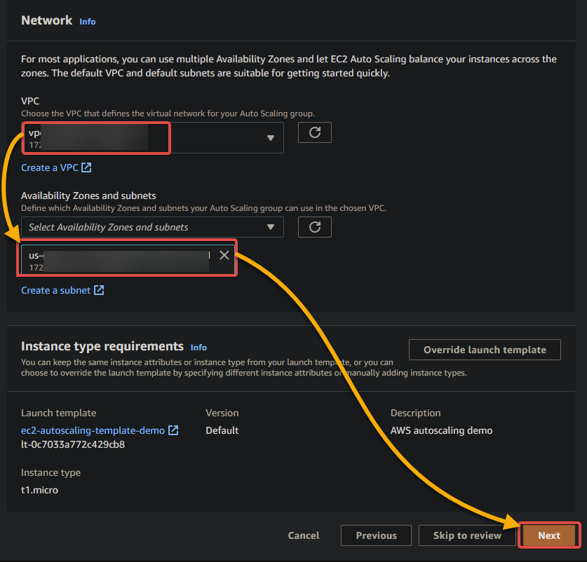 Selecting an existing VPC and subnet for your Auto Scaling group