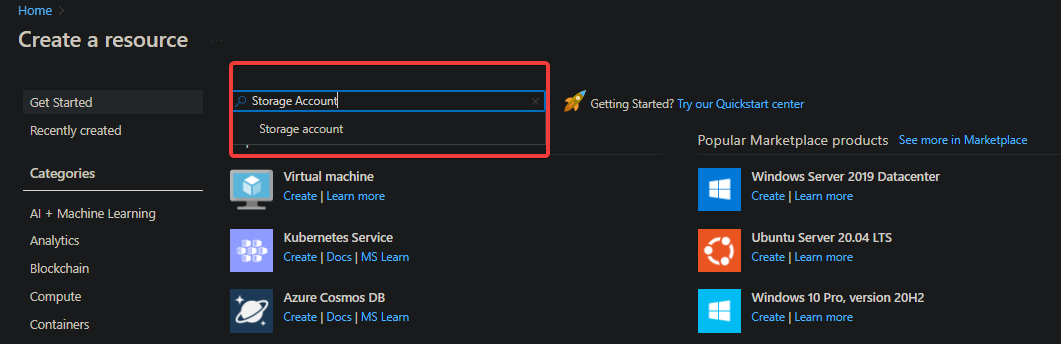 Searching for Storage Account Resource
