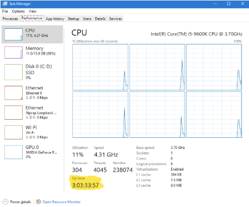 Finding Windows uptime with task manager