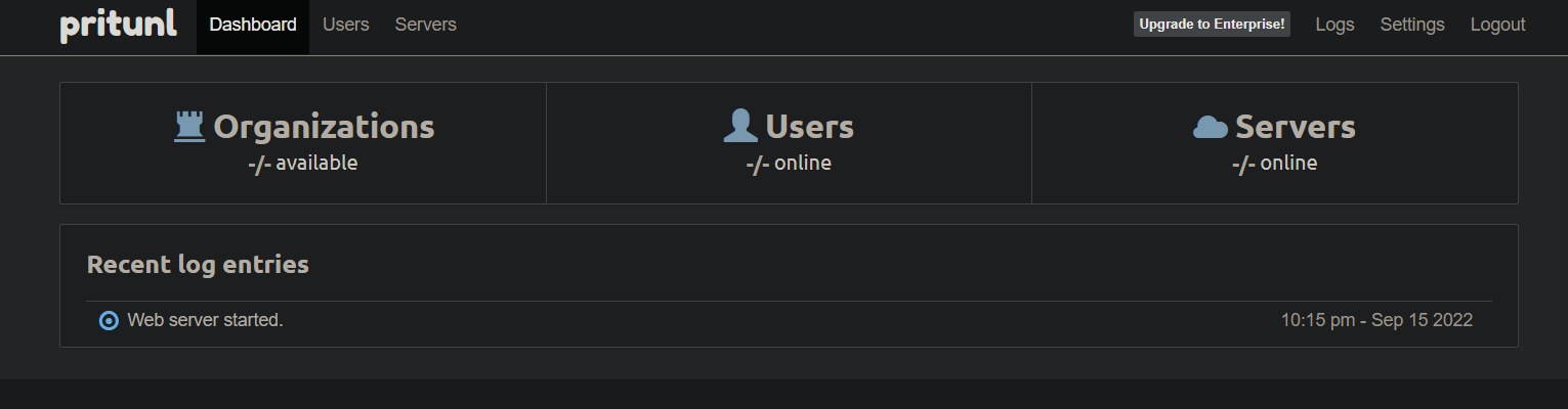Viewing the main Pritunl dashboard