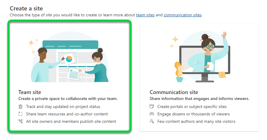 Choosing a site type (Team site)