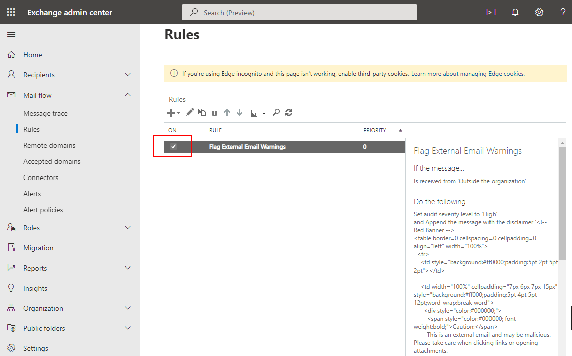 Confirm Mail Flow Rule is Enabled