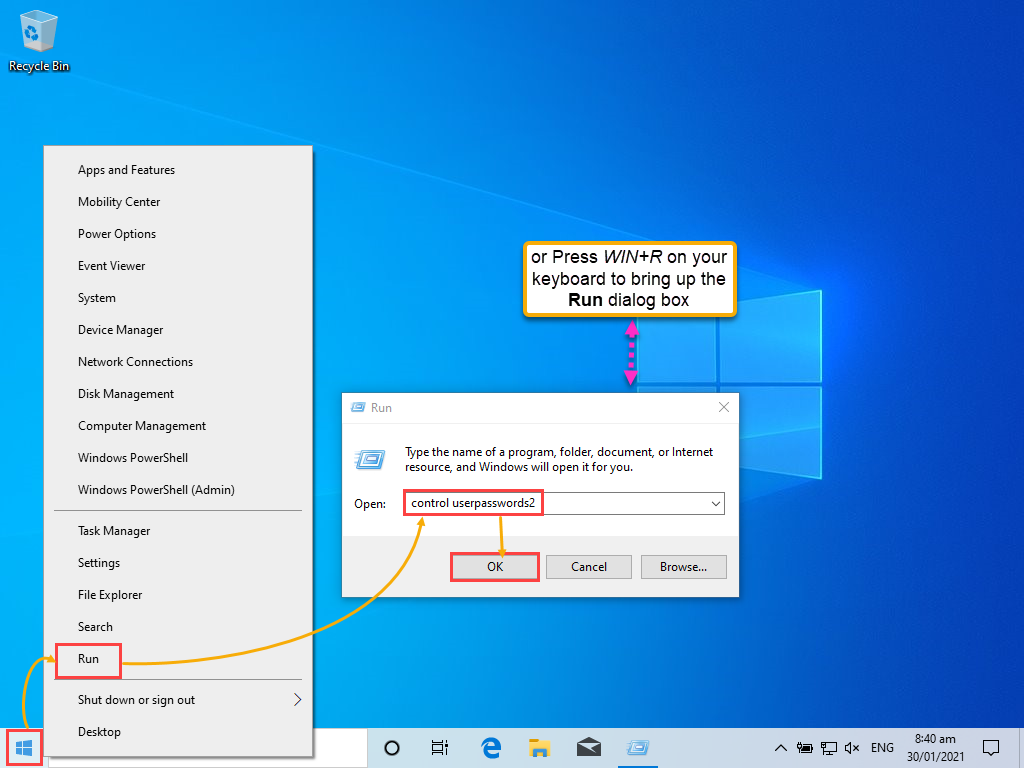 Launching the User Accounts window via the Run dialog.