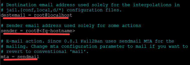 Configuring destemail, sender, and mta options