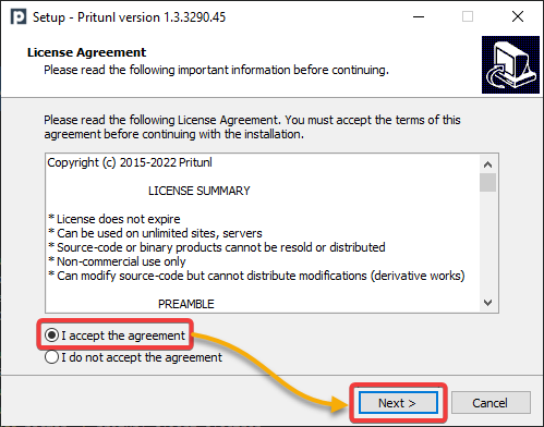 Accepting the license agreement
