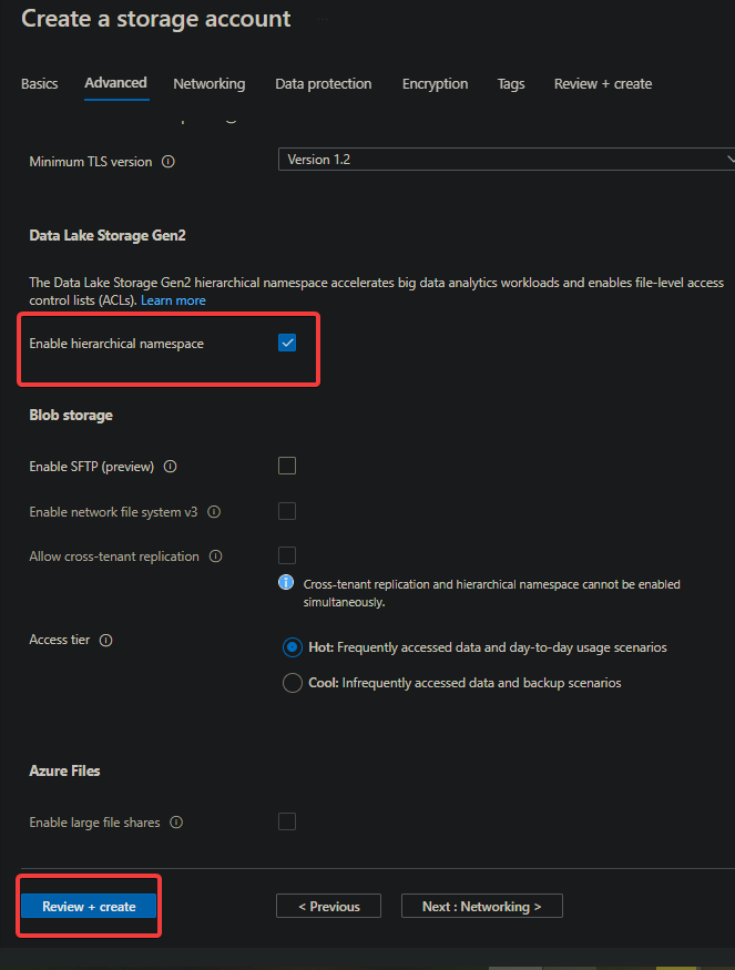 Click on the Review + create button at the bottom to validate your settings.