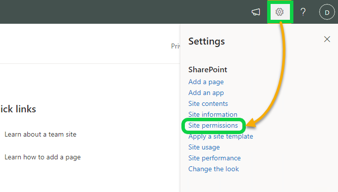 Accessing the site permissions