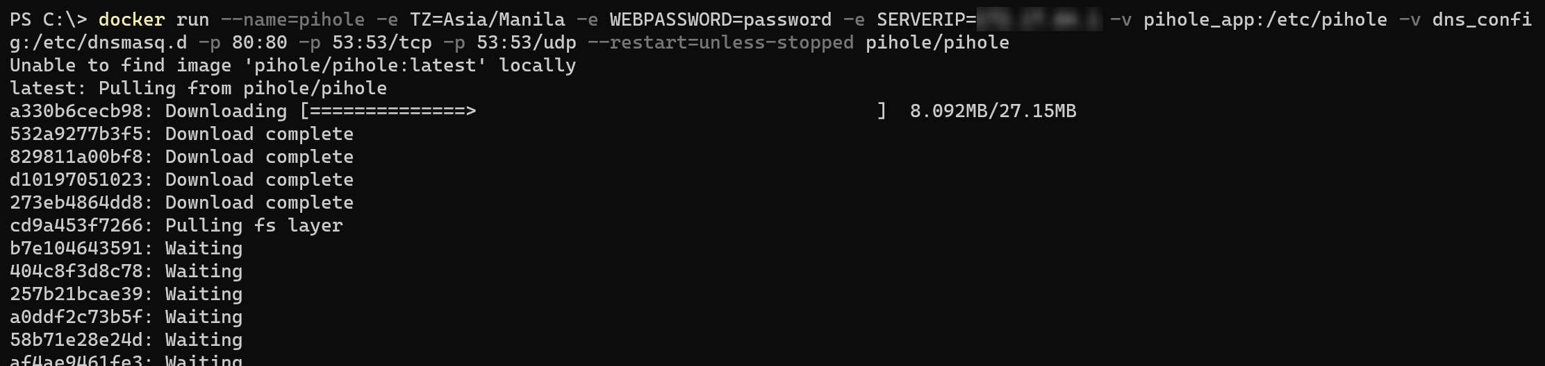 Downloading pihole/pihole image.