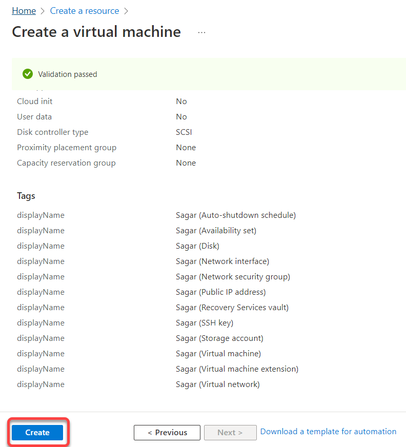 Creating a new VM instance against the selected settings
