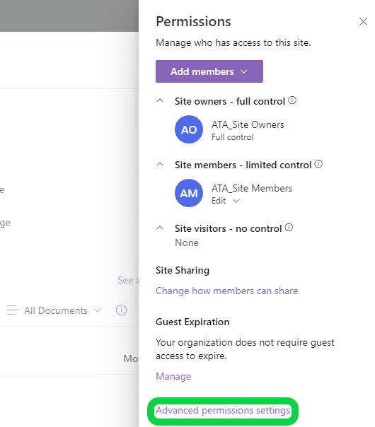 Accessing the permissions page