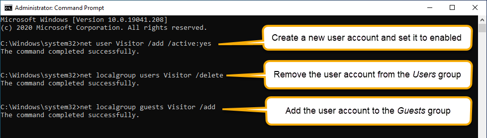 Adding a Windows 10 guest account using the command prompt.
