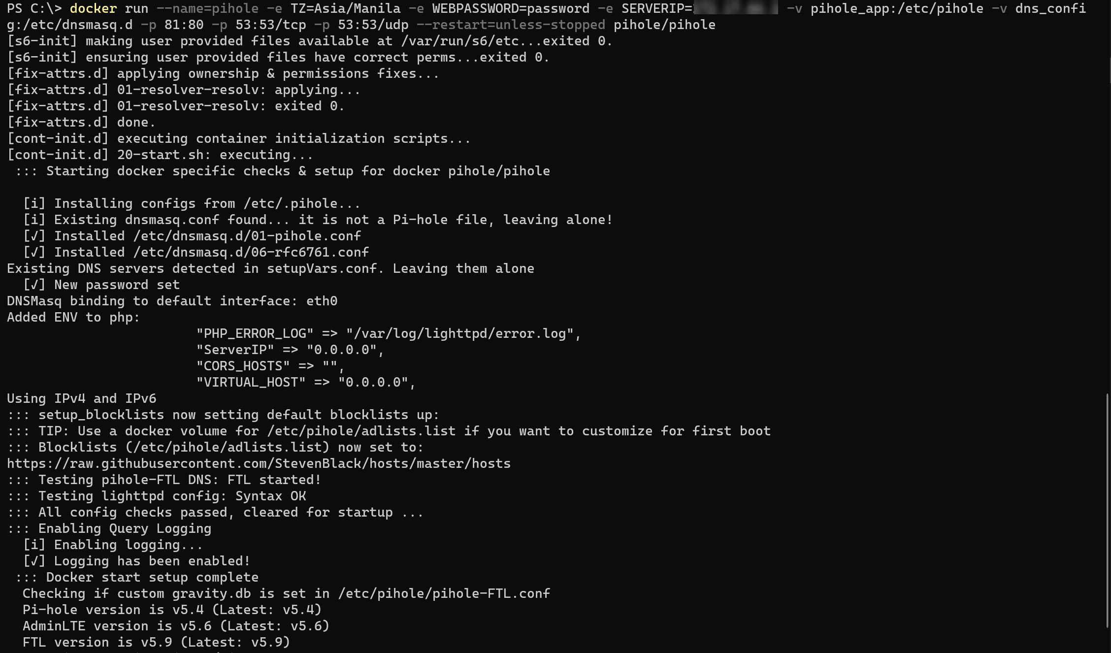 Seeing the Pi-hole Docker Container Running Properly.