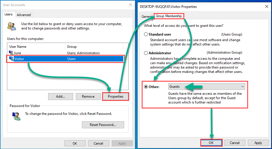 Converting a standard user account into a guest user account.