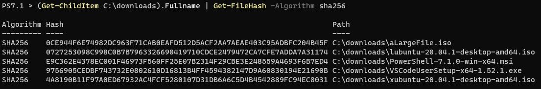 Using Get-ChildItem and Get-FileHash to compute the hash values for each file in a folder.