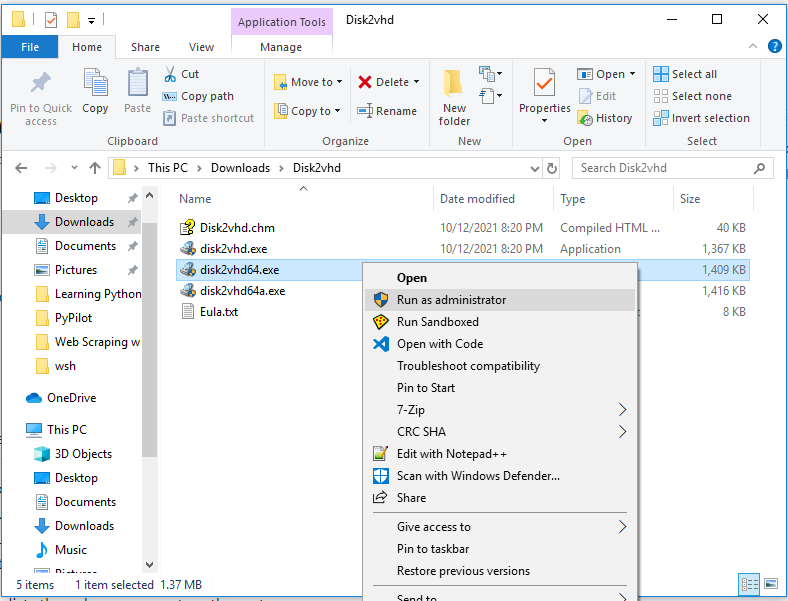 Starting Disk2vhd as administrator