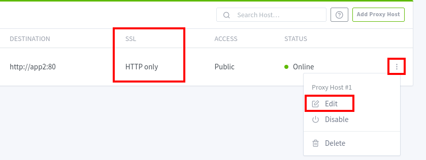 Editing a proxy Host
