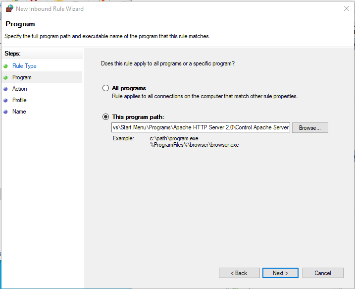 Entering the Apache Server executable path