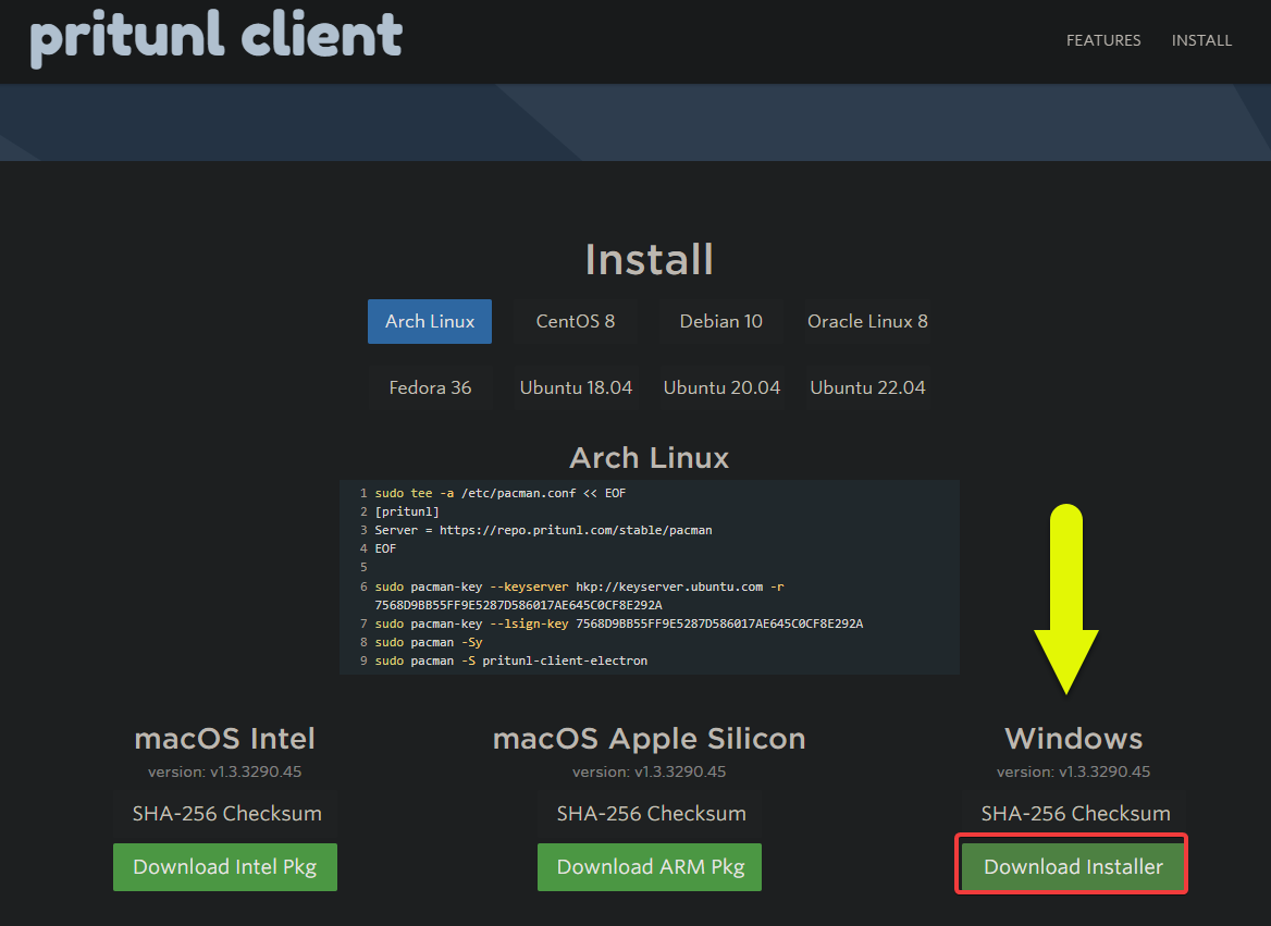 Downloading the latest version of the Pritunl client for Windows