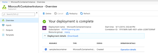 Successful container instance deployment