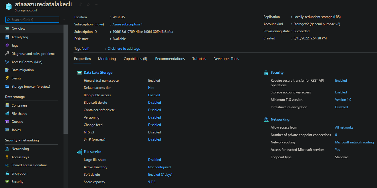 Viewing the Storage Account’s Overview