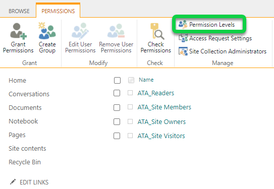 Accessing the Permission Levels page