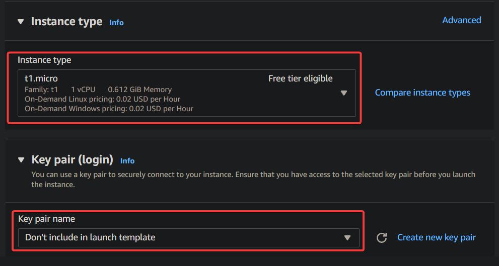 Selecting an Instance type, and Key par (login)