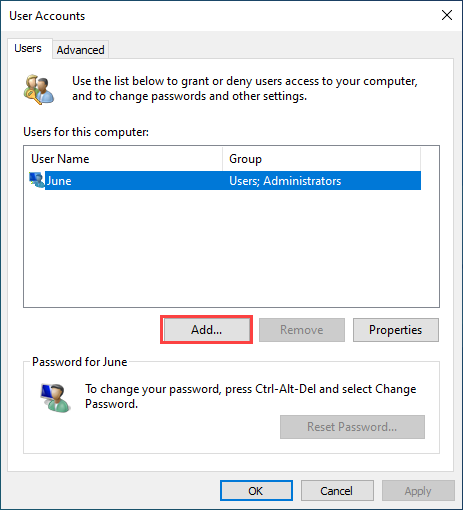 Listing the existing user accounts in advance of adding a new standard account.