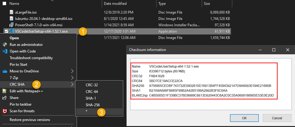 Using the 7-Zip context menu to calculate a file's checksum in Windows.