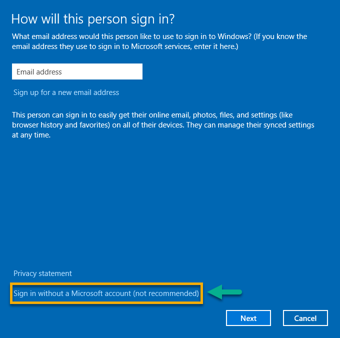 Adding a local user without a Microsoft account.