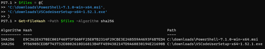 Using Get-FileHash to compute the hash values for each file stored in the $files array.