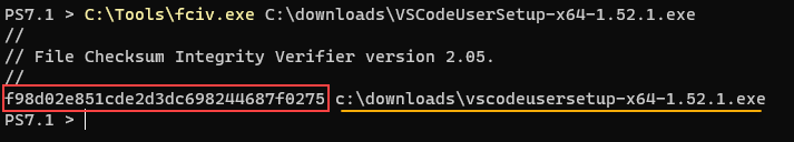 Computing an MD5 checksum in Windows using fciv.exe.