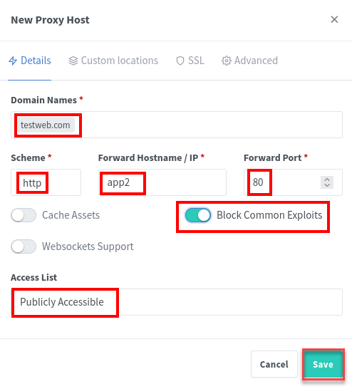 Adding the Proxy Host details