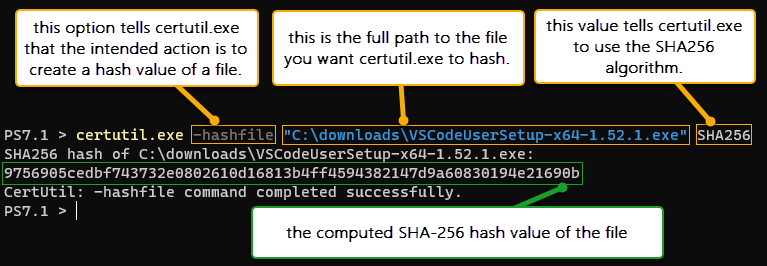 Using certutil.exe to create a file checksum.