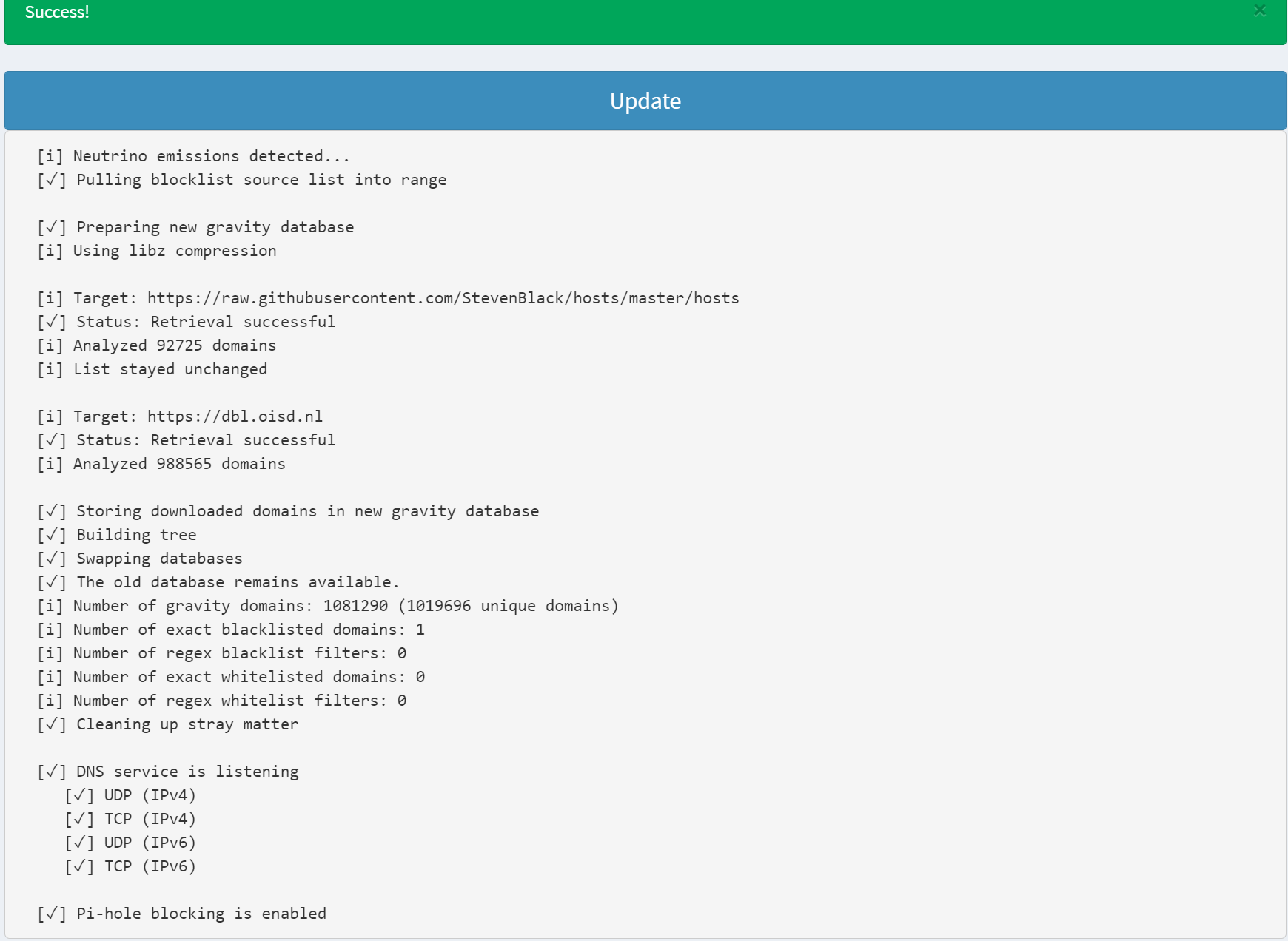 Showing Display of Update Gravity Success