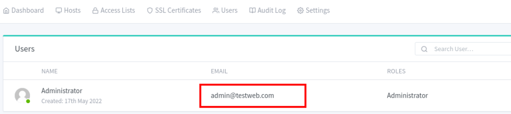 Viewing the user list in NGINX Proxy Manager