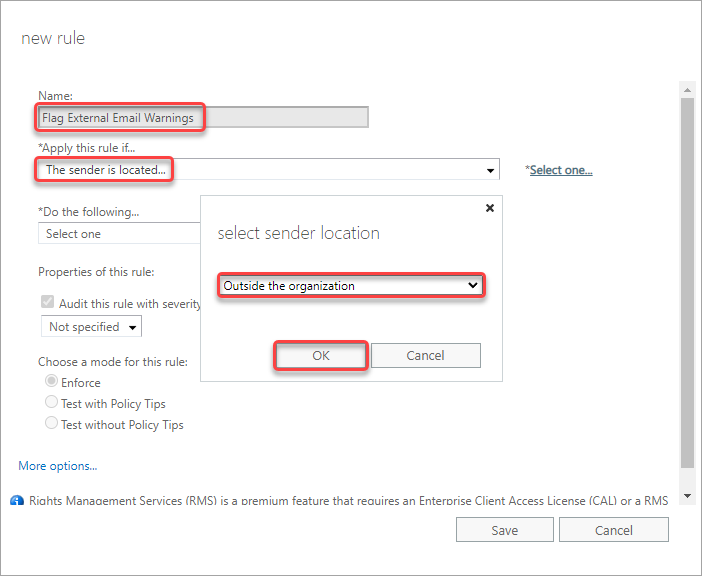 Configuring a new mail flow rule