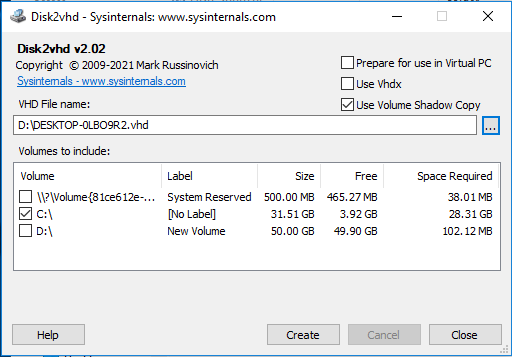 Selecting input volumes, pay attention to the Space Required information