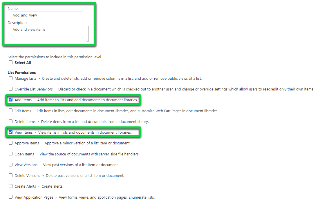 Configuring the new permission level’s name, description, and list permissions