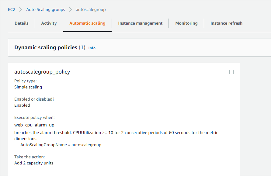 Verifying the AWS Autoscaling Group with Scaling Policy Containing AWS CloudWatch Alarm