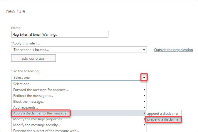 Select to prepend a disclaimer