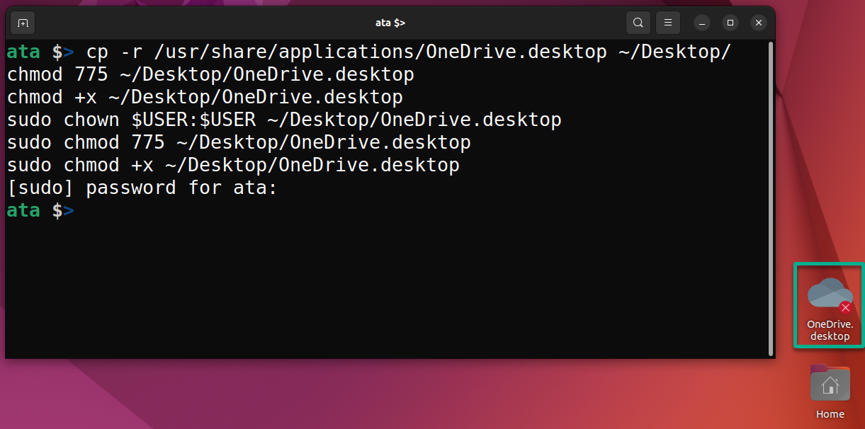 Creating the OneDrive shortcut on the desktop