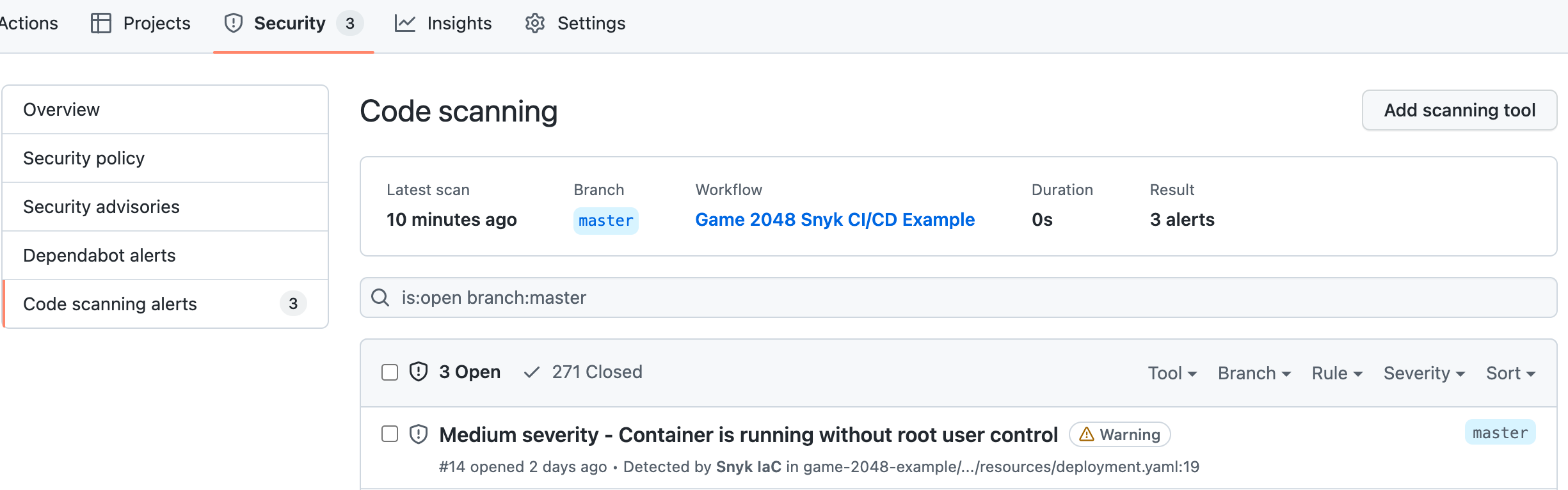 Snyk GitHub Security Option