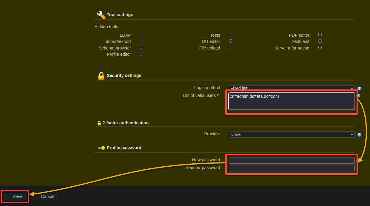 Configuring security settings and profile password