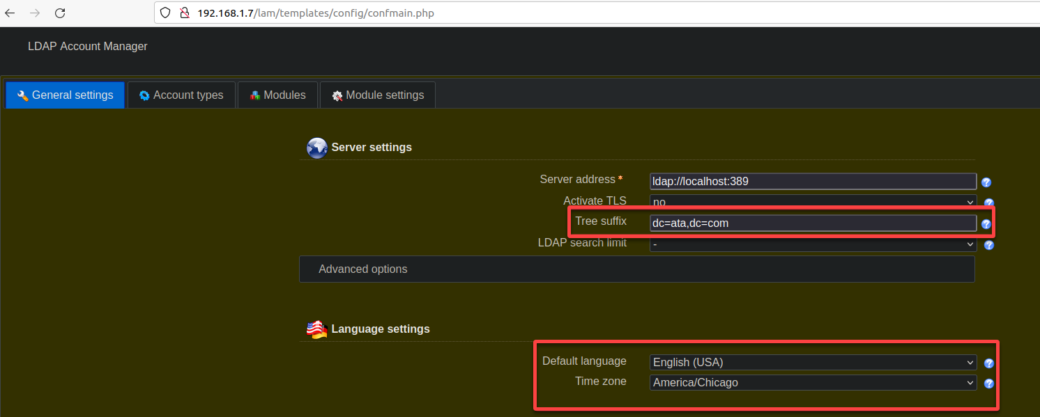 Configuring the server and language settings