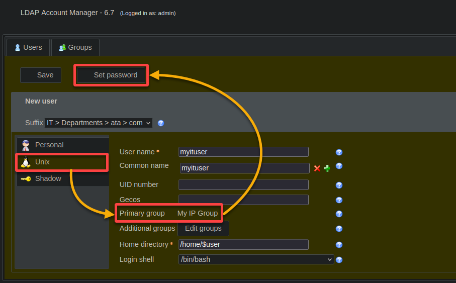 Initiating setting a password for the new user