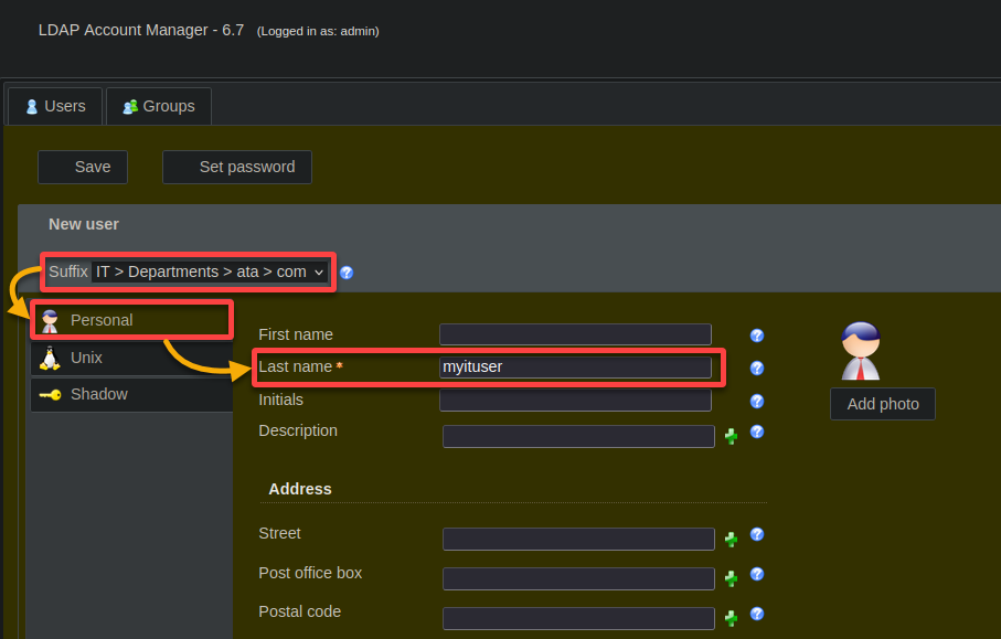 Setting the ne user’s personal information