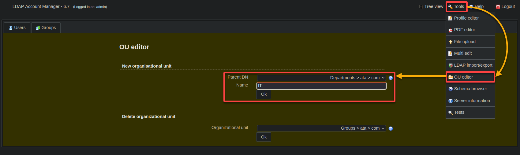 Adding a new department within the LDAP directory