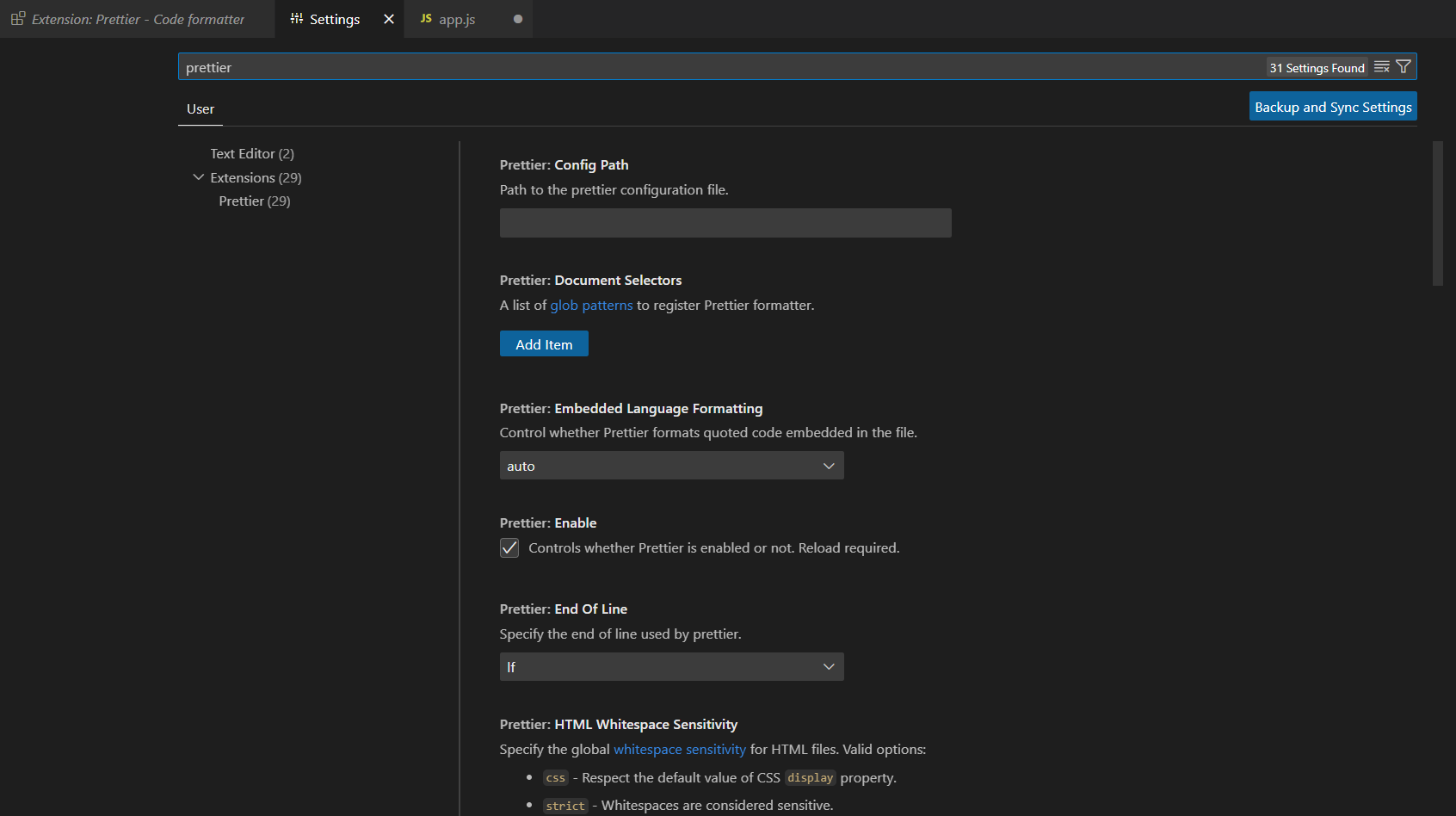 Configuration Settings for Prettier