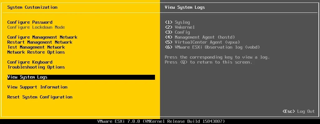How to check VMware ESXi logs in DCUI